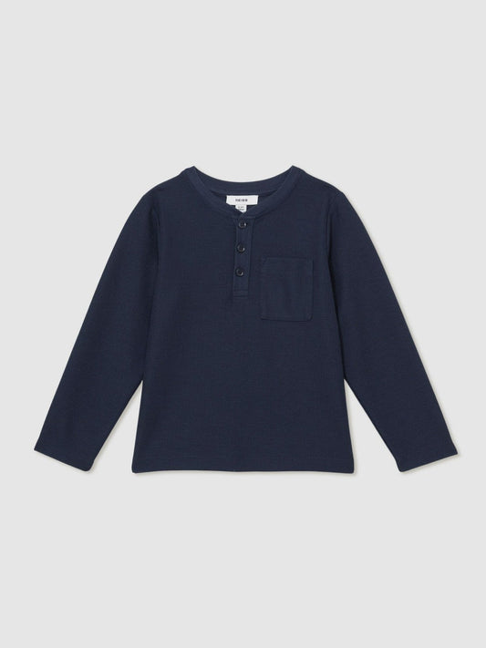 13-14 yrs Cotton-Blend Waffle Henley T-Shirt Navy | Children