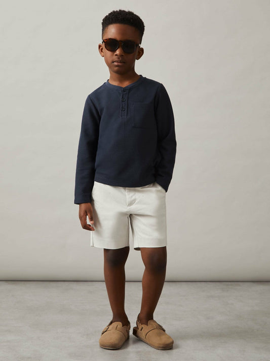 13-14 yrs Cotton-Blend Waffle Henley T-Shirt Navy | Children