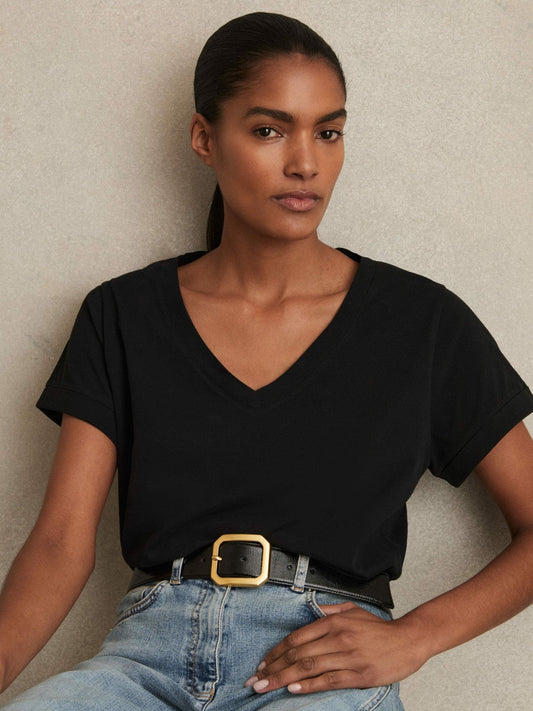 Brushed-Cotton V-Neck T-Shirt Black | Womens