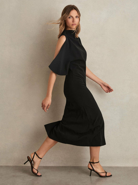 Draped-Front High-Neck Midi Dress Black | Womens