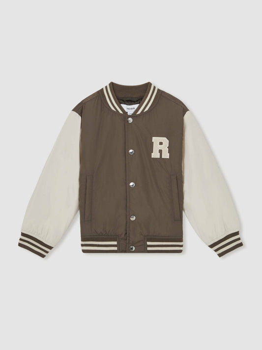 13-14 yrs Colour-Block Varsity Bomber Jacket Mink Brown/Off White | Children