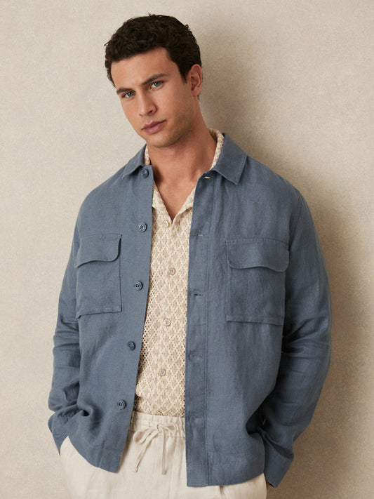 Linen Twin-Pocket Overshirt Airforce Blue | Mens