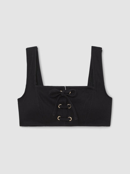Ribbed Lace-Up Bikini Top Black | Womens