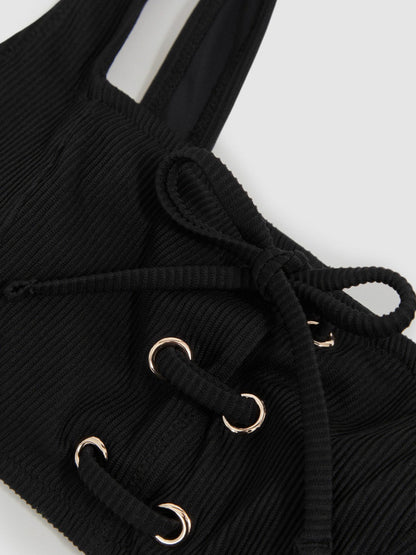 Ribbed Lace-Up Bikini Top Black | Womens