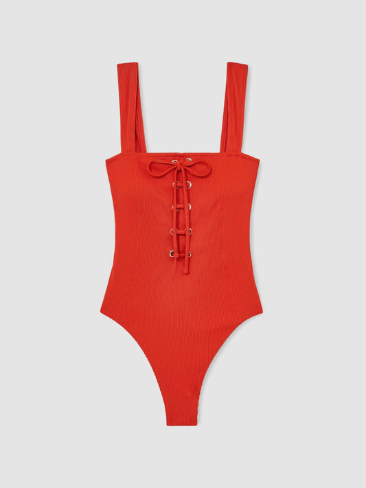 Ribbed Lace-Up Swimsuit Orange | Womens