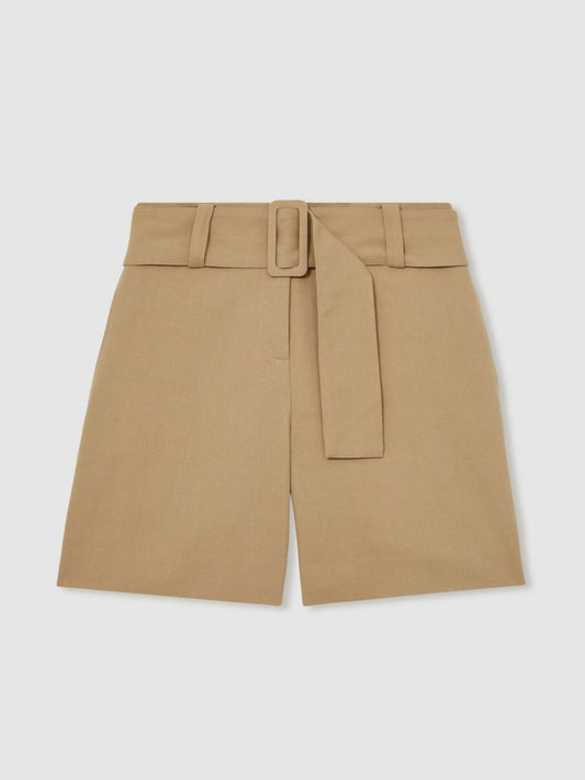 Cotton-Blend Belted Shorts With Linen Camel | Womens