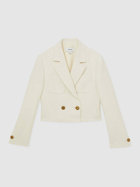 Double-Breasted Textured Cropped Blazer with Wool and Cotton White | Womens