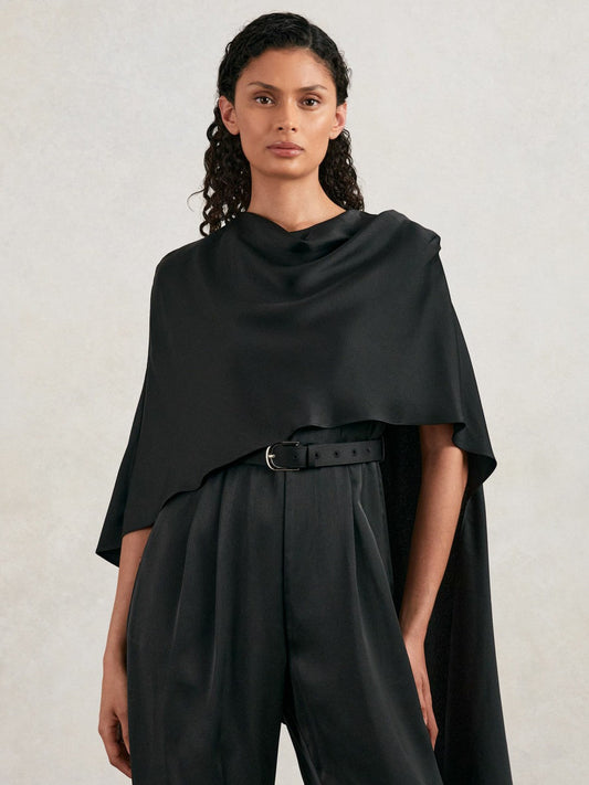 Halston Crepe Wide Leg Cape Jumpsuit Black | Womens