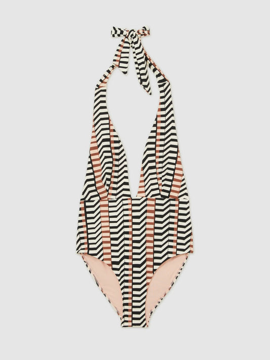 Chevron Stripe Plunge Swimsuit Black/Brown | Womens