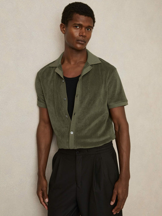 Cotton Blend Towelling Shirt Green | Mens
