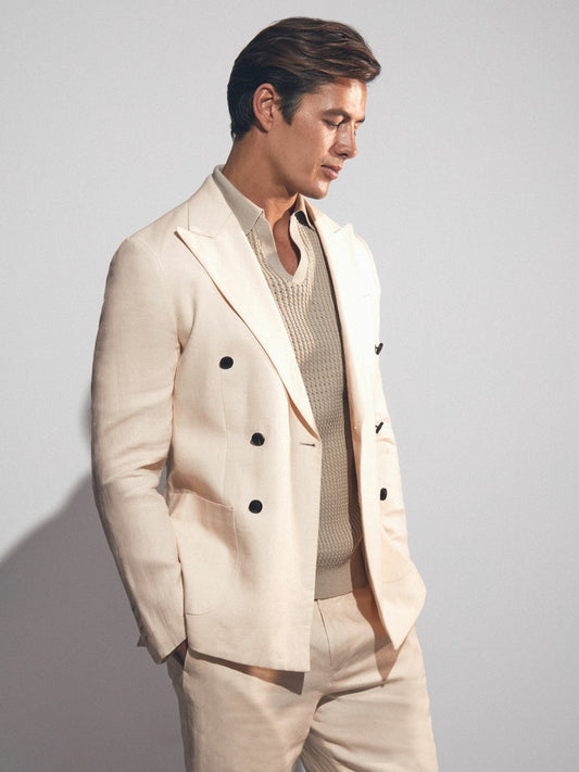 Linen Double-Breasted Suit Slim-Fit Blazer Stone | Mens