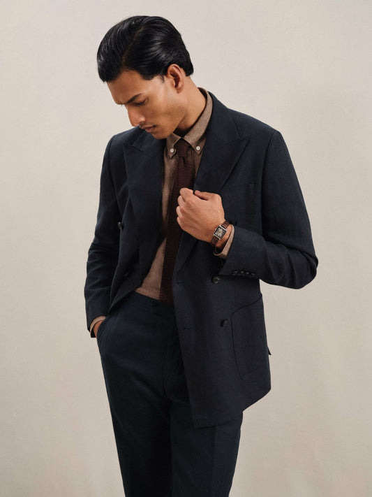 Linen Double-Breasted Suit Slim-Fit Blazer Navy | Mens