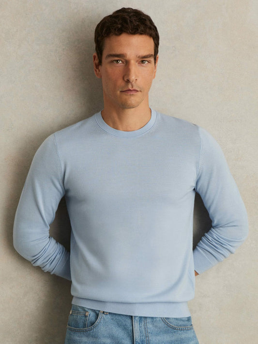 Merino Wool Crew Neck Jumper Soft Blue | Mens