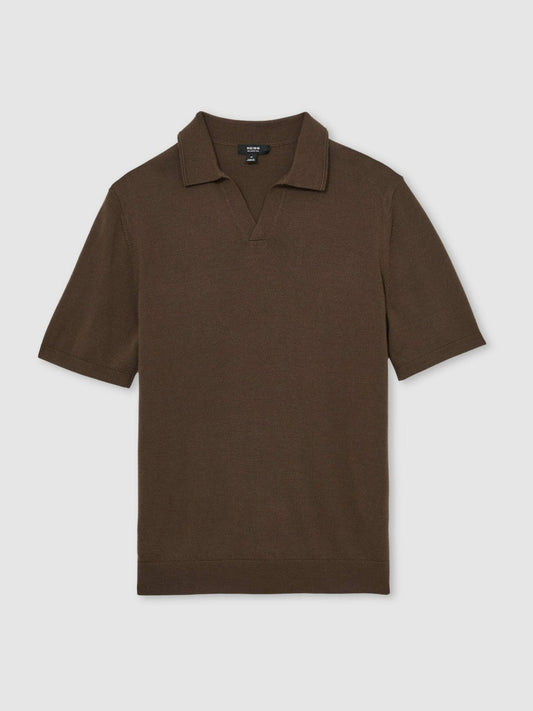 Merino Wool Open Collar Polo Shirt Chocolate Brown | Mens