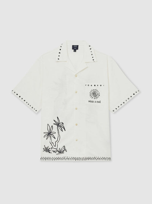 | Ché Cotton-Linen Palm Shirt White | Mens