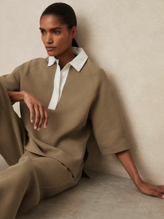 Cotton-Blend Interlock Collar Sweatshirt Camel | Womens