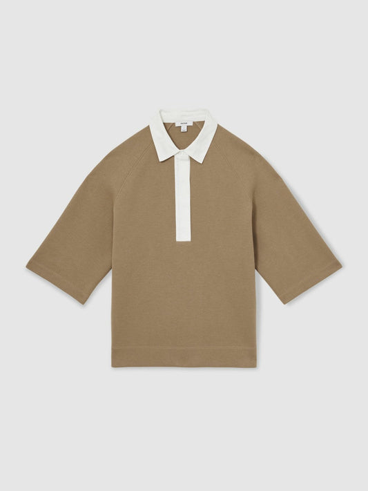 Cotton-Blend Interlock Collar Sweatshirt Camel | Womens