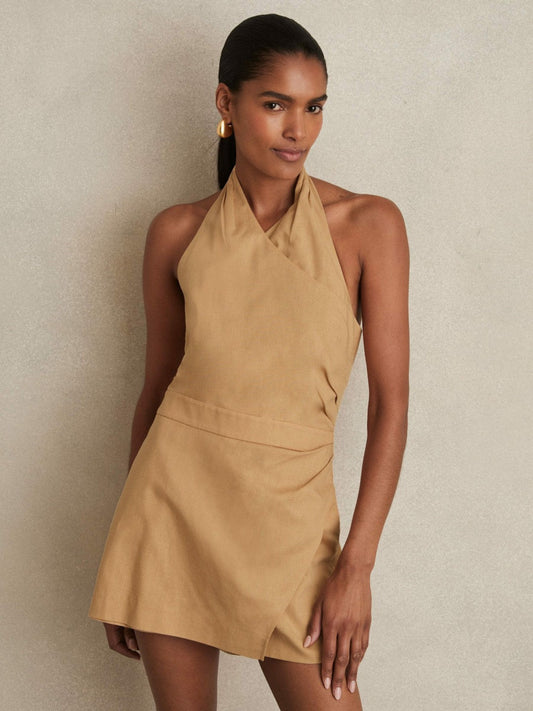 Lyocell Cotton Halter Skort Playsuit Camel | Womens