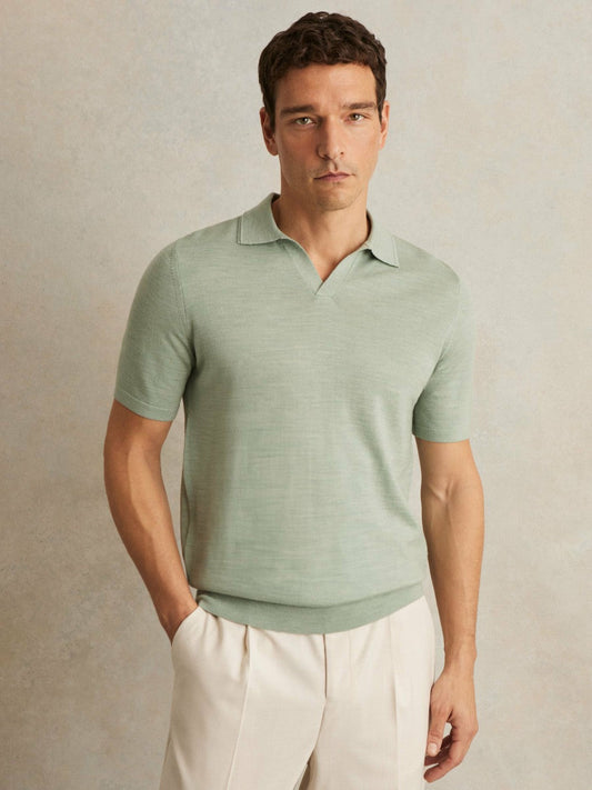 Merino Wool Open Collar Polo Shirt Sage Green Melange | Mens