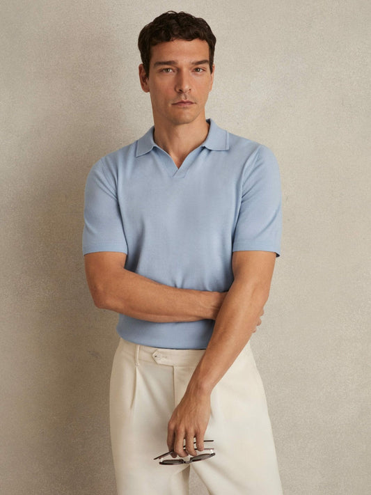 Merino Wool Open Collar Polo Shirt Soft Blue | Mens