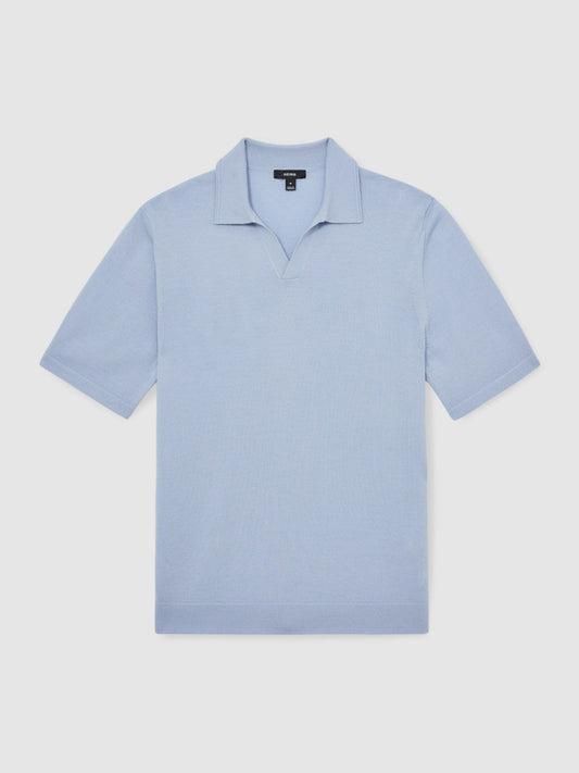 Merino Wool Open Collar Polo Shirt Soft Blue | Mens