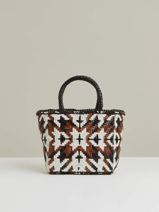 Small Leather Woven Tote Bag Tan/White/Black | Womens