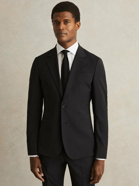 Wool-Blend Single-Breasted Suit Blazer Slim-Fit Black | Mens