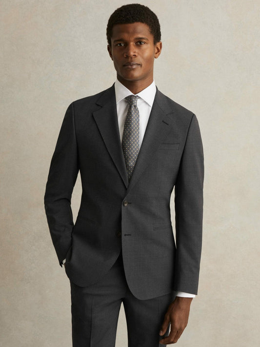 Wool-Blend Single-Breasted Suit Blazer Slim-Fit Grey | Mens