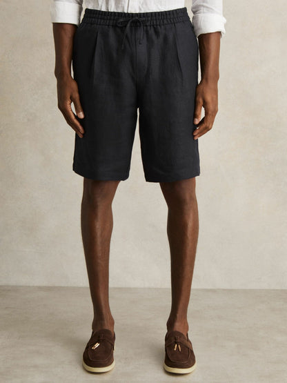 Linen Drawstring Shorts Navy | Mens