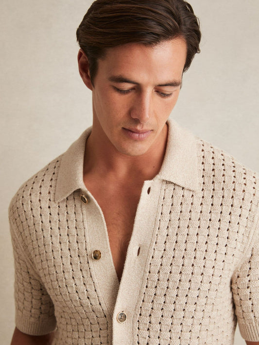 Basketweave Knit Button Through Cotton Blend Shirt Stone | Mens