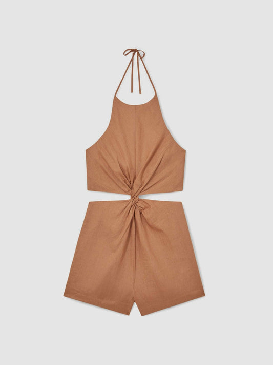 Linen Halterneck Cut Out Playsuit Brown | Womens