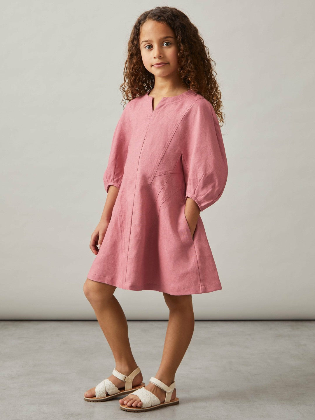 13-14 yrs Linen Balloon-Sleeve Dress Pink | Children