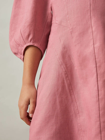 13-14 yrs Linen Balloon-Sleeve Dress Pink | Children