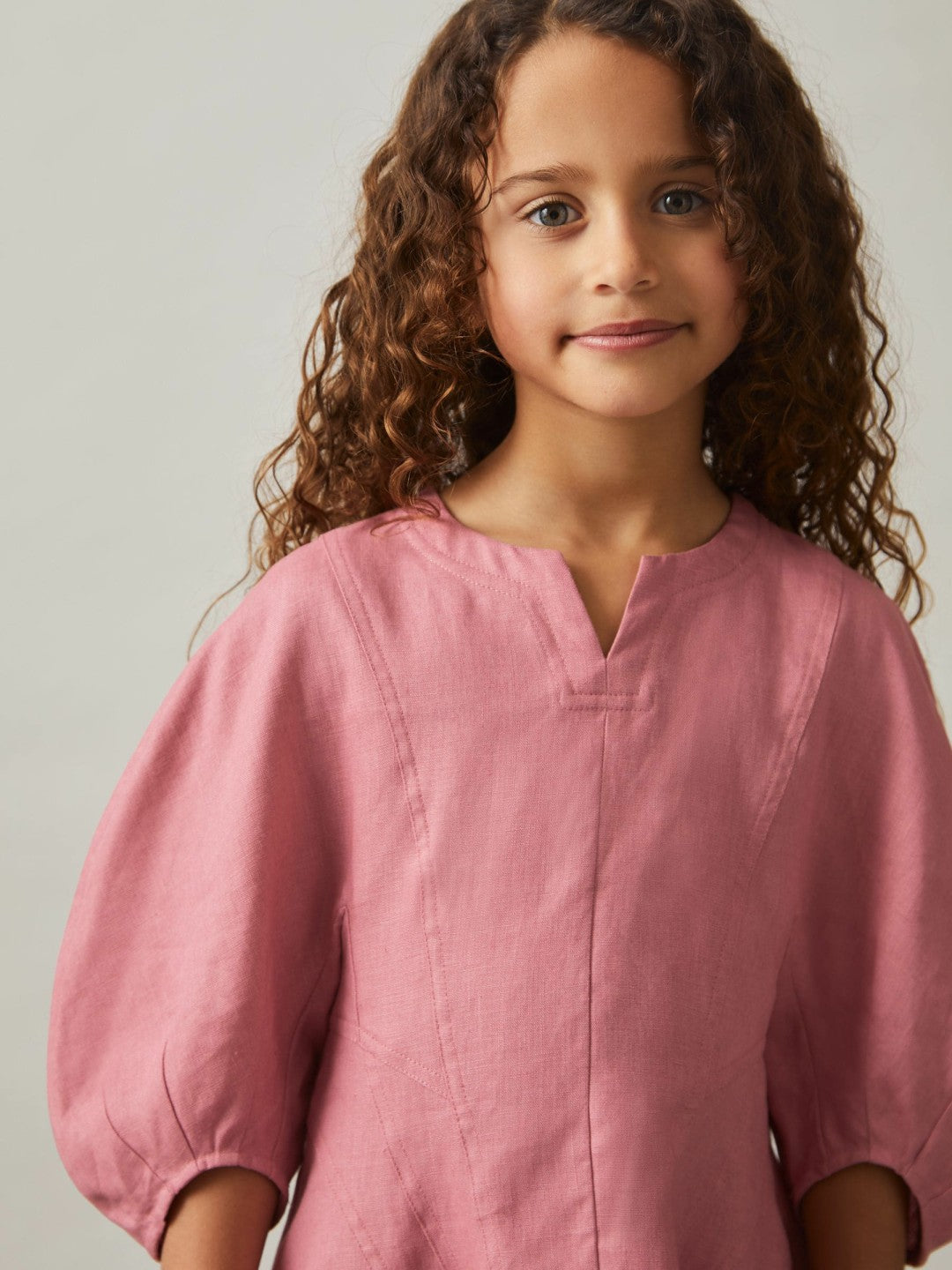 13-14 yrs Linen Balloon-Sleeve Dress Pink | Children