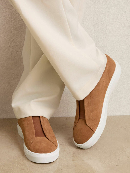 Suede Slip-On Elasticated Trainers Tan Brown | Mens