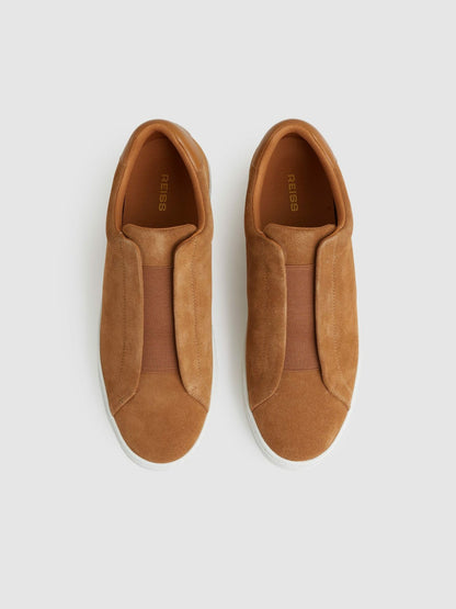 Suede Slip-On Elasticated Trainers Tan Brown | Mens