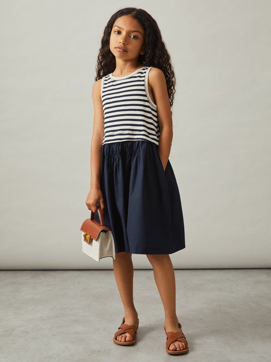 13-14 yrs Cotton Layered Sleeveless Midi Dress Navy | Children