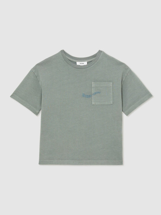 13-14 yrs Cotton Palm-Embroidery Oversize T-Shirt Washed Sage | Children