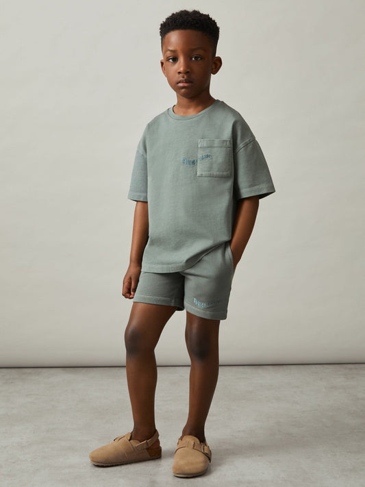 13-14 yrs Cotton Palm-Embroidery Oversize T-Shirt Washed Sage | Children