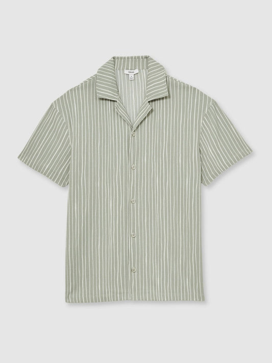 Textured Stripe Cuban Collar Shirt Sage/White | Mens