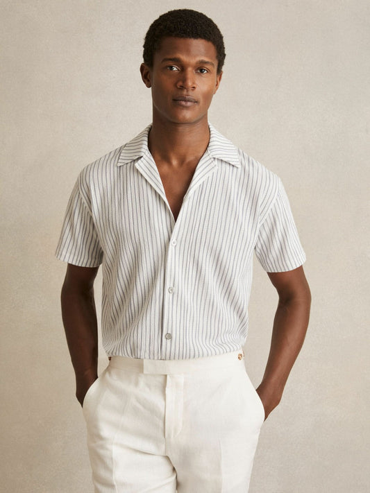 Textured Stripe Cuban Collar Shirt White/Soft Blue | Mens