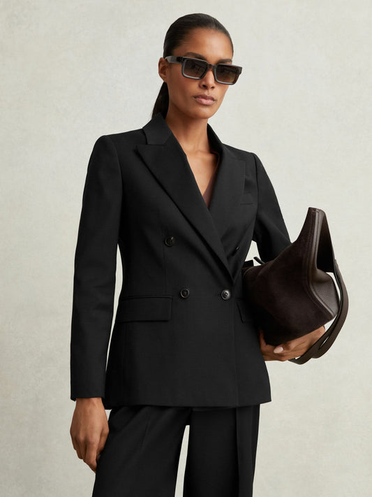 Wool Blend Double Breasted Suit Blazer Black | Womens
