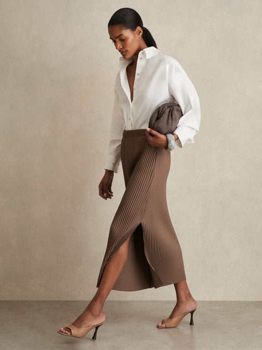 Pleated Jersey Midi Skirt Chocolate | Womens