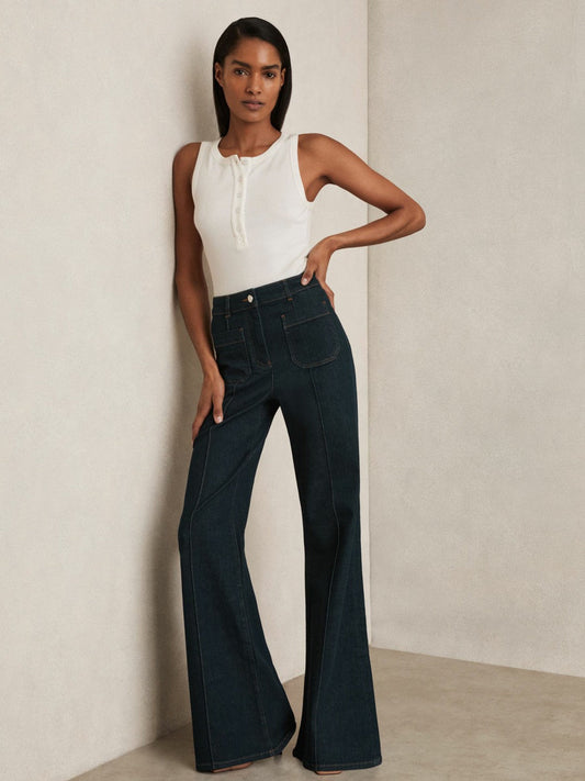 Petite Patch-Pocket Flared Jeans Dark Blue | Womens