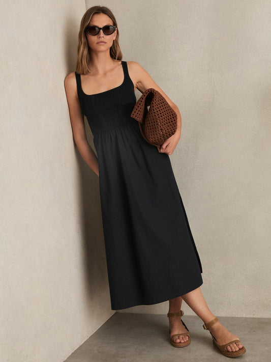 Perforated-Knit Cotton-Skirt Midi Dress Navy | Womens