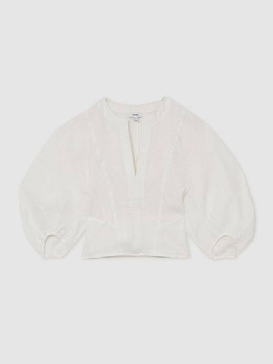 Linen Balloon-Sleeve Top Ivory | Womens