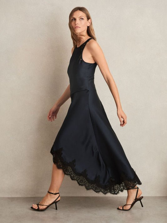 Satin Drape Lace-Trim Dress Navy | Womens