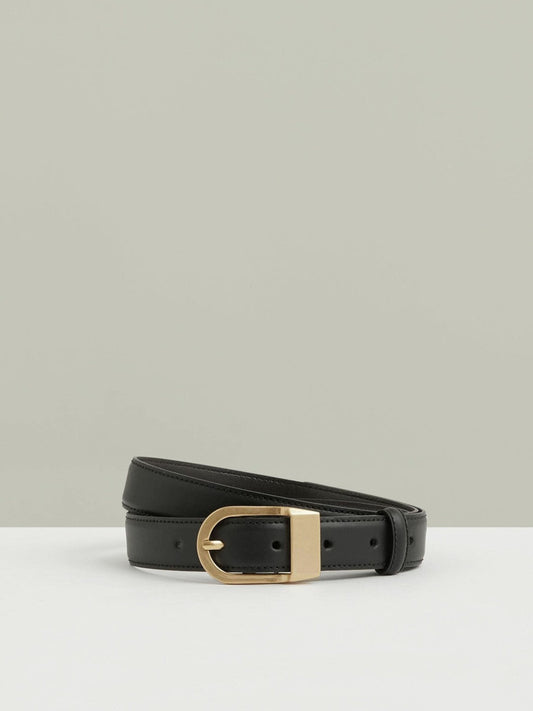 Leather Curved-Buckle Belt Black | Womens