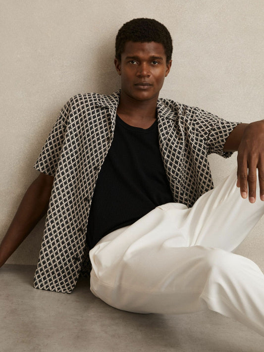 Geometric-Crochet Cuban-Collar Shirt Navy/White | Mens