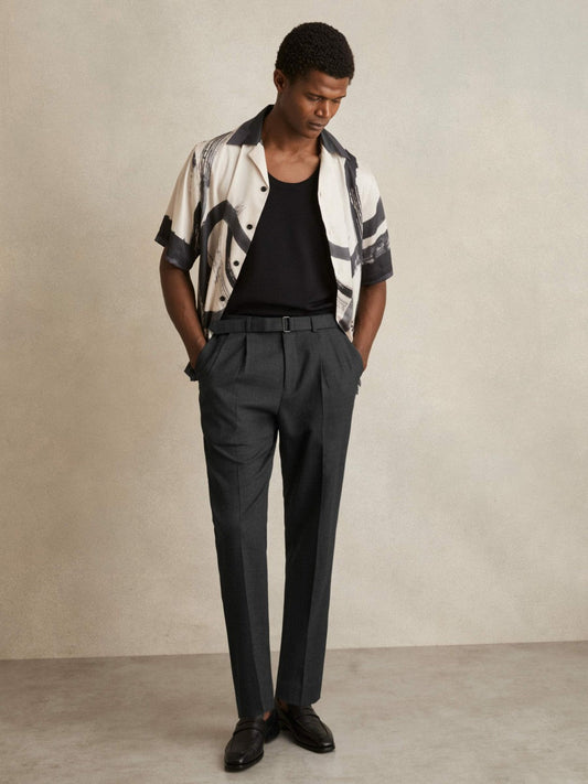 Wool-Blend Belted Pleated Trousers Regular-Fit Charcoal Grey | Mens